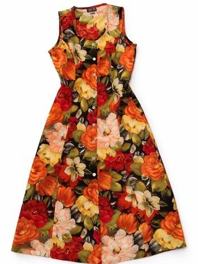 Vintage Floral Midi Dress Button Front A-Line Tie Waist Sleeveless
